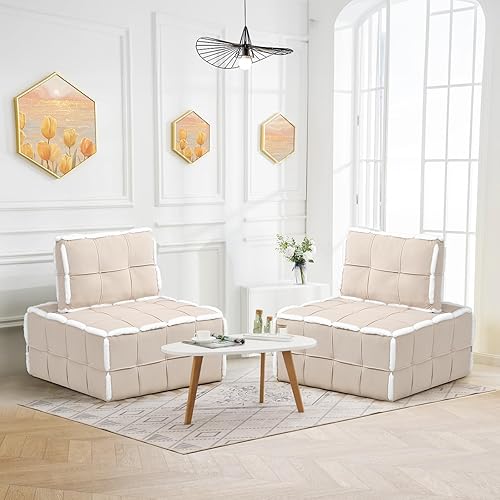 Miniatura 8 de KINFFICT Sofá tapizado de terciopelo sin brazos, silla moderna con estructura sólida, cómoda otomana para relajarse, leer y ver la televisión, beige