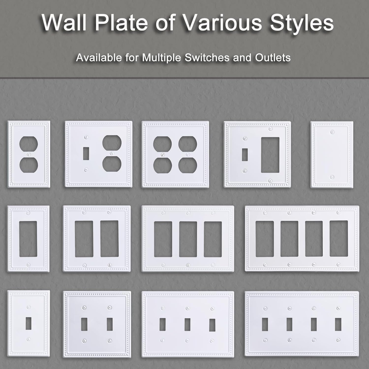 Metal Outlet Covers Wall Plates, White Beadboard Switch Plate Cover, Receptacle Light Switch Covers, Decorative Electrical Outlet Cover (1 Gang Duplex 4 Pack)
