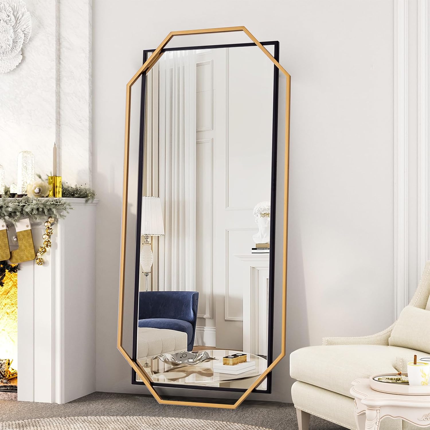 Large Decorative Black Bathroom Mirror with Gold Metal Frame, Modern Accent Horizontal Wall Mirror for Living Room, Bedroom, Entryway, Vanity (55"x28")
