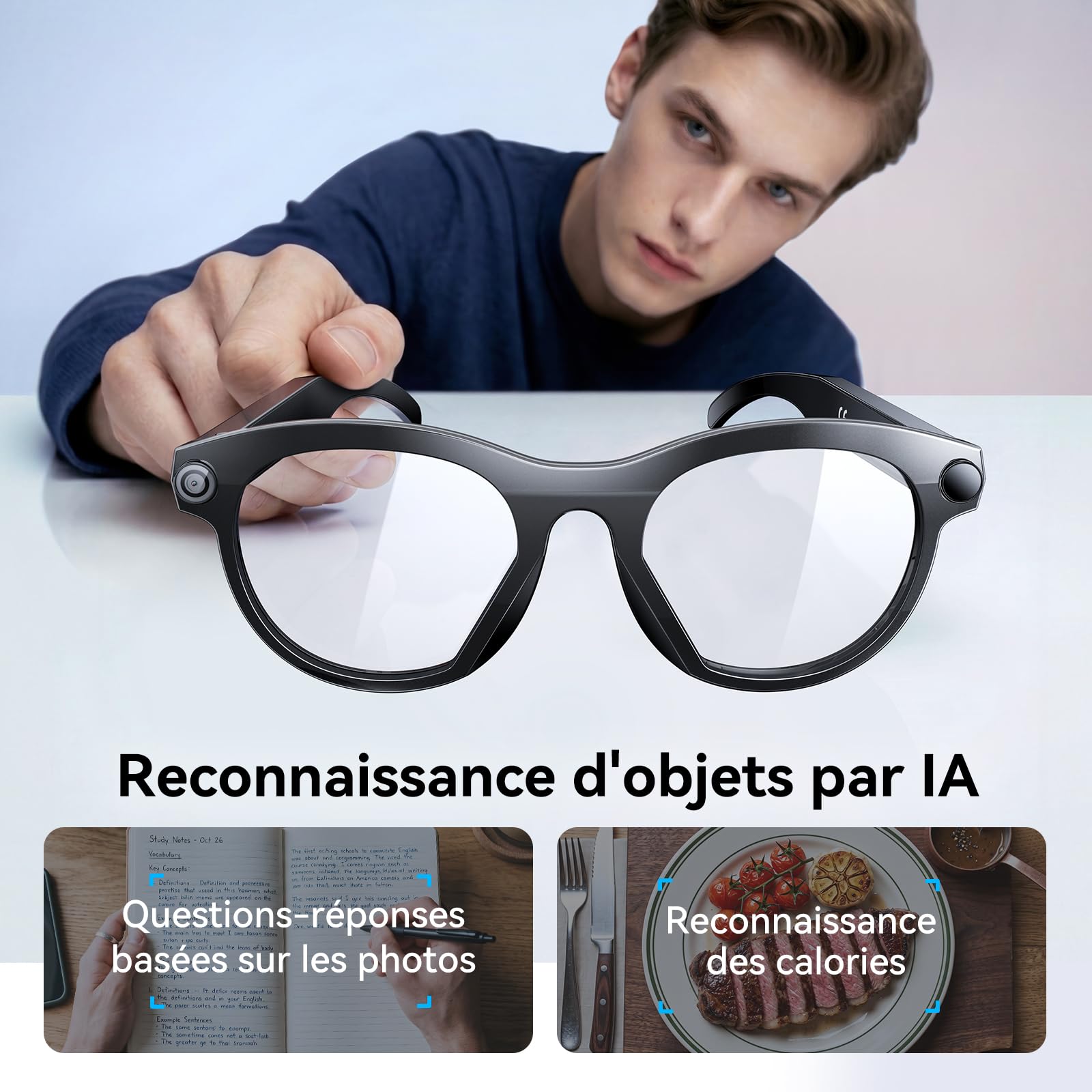 Lunettes Intelligentes AI, Lunettes de Traduction, Verres 3 Couleurs Interchangeables, Protection UV, Appareil Photo HD avec Flash LED, Assistant Vocal, pour Courir, Rouler, Réunion d'affaires