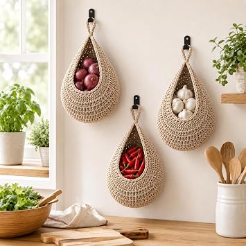 Hanging Fruit Baskets for Kitchen, 3 Pack Handwoven Wall Baskets