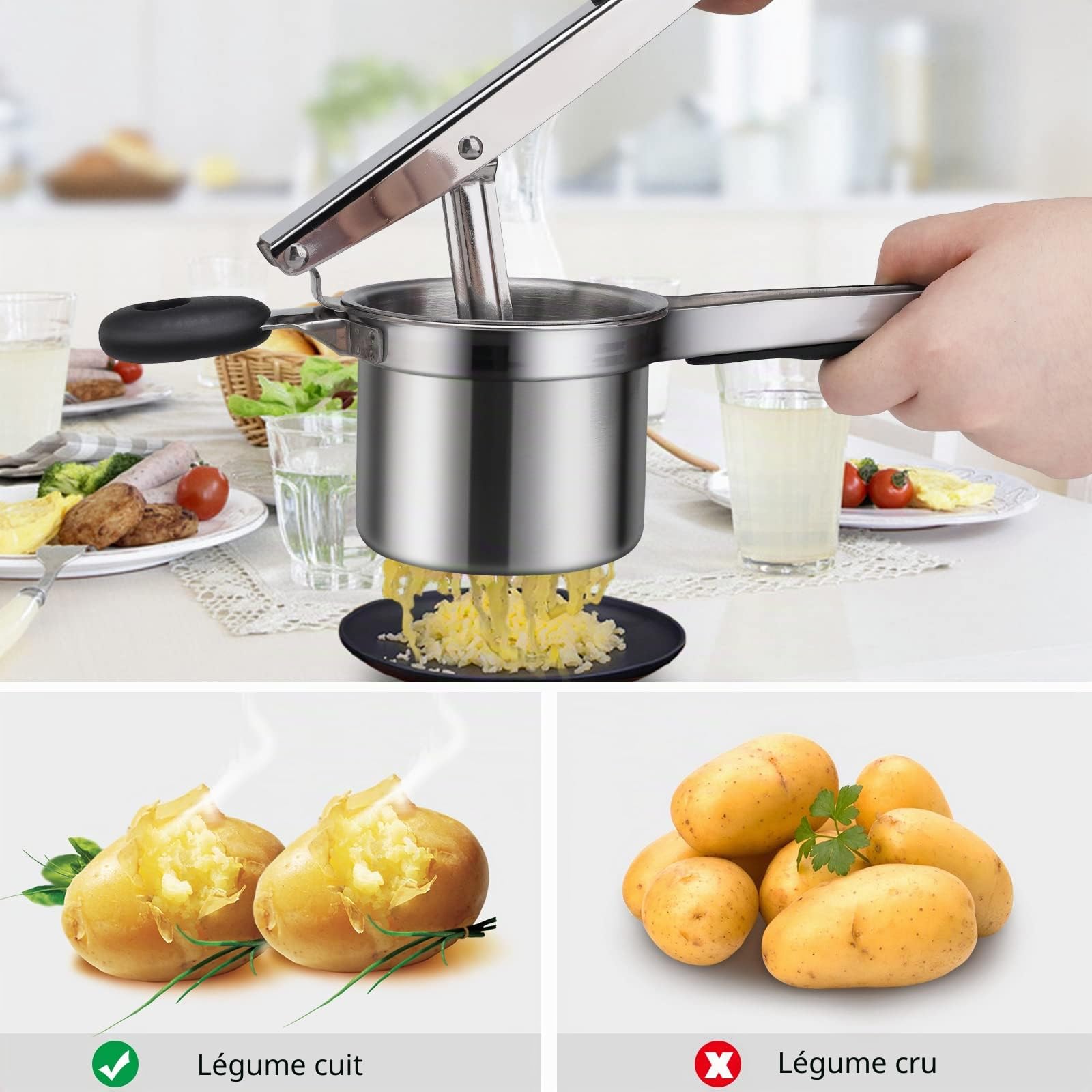 Presse-purée professionnel en acier inoxydable avec 3 filtres interchangeables