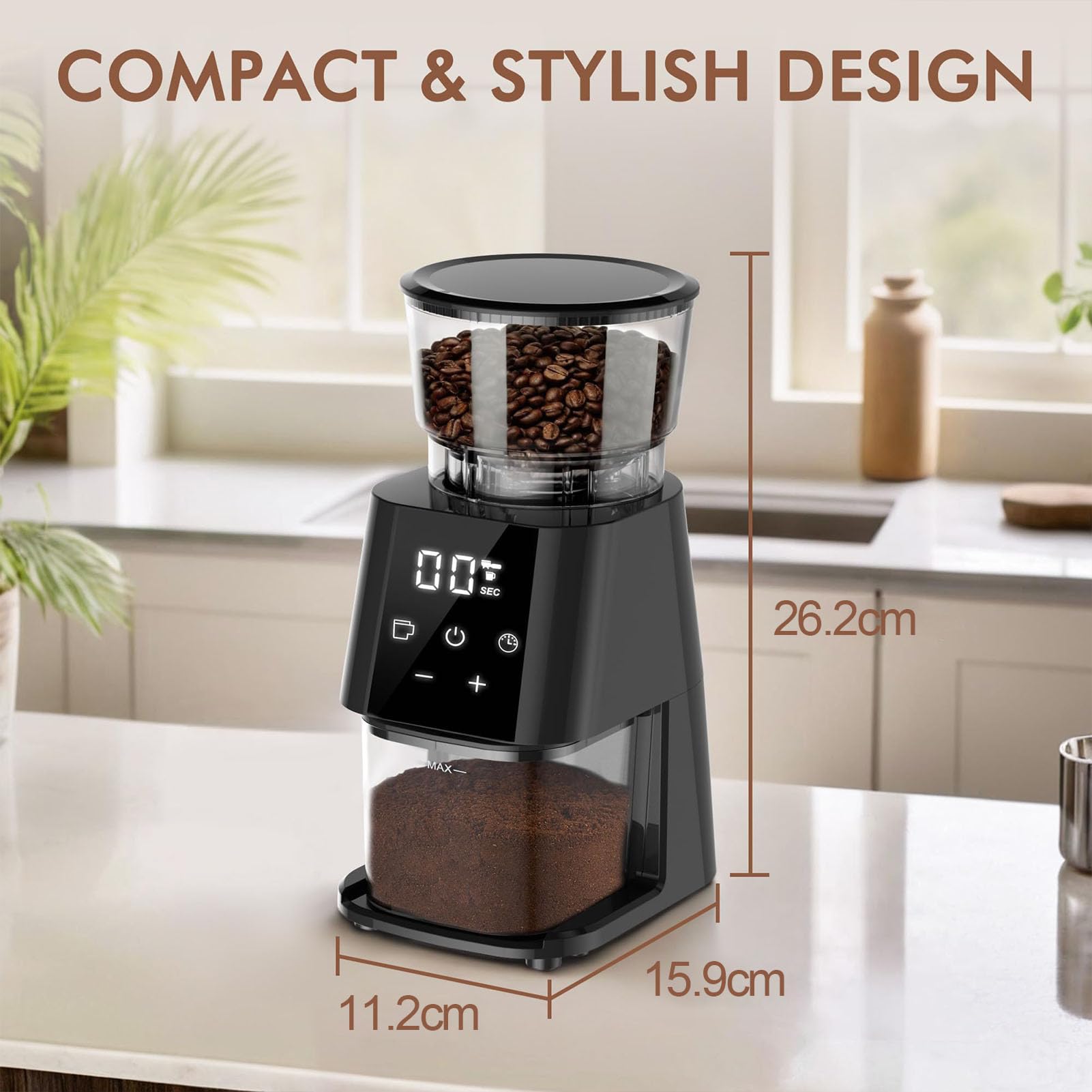 Molinillo De Café Eléctrico, Molinillo Automático De Muelas Cónicas 350-450 | Pantalla Táctil, 30 Niveles de Grosor de Molienda, Dispositivo Antiestático, Capacidad de 130g para 2-12 Tazas, para Espresso