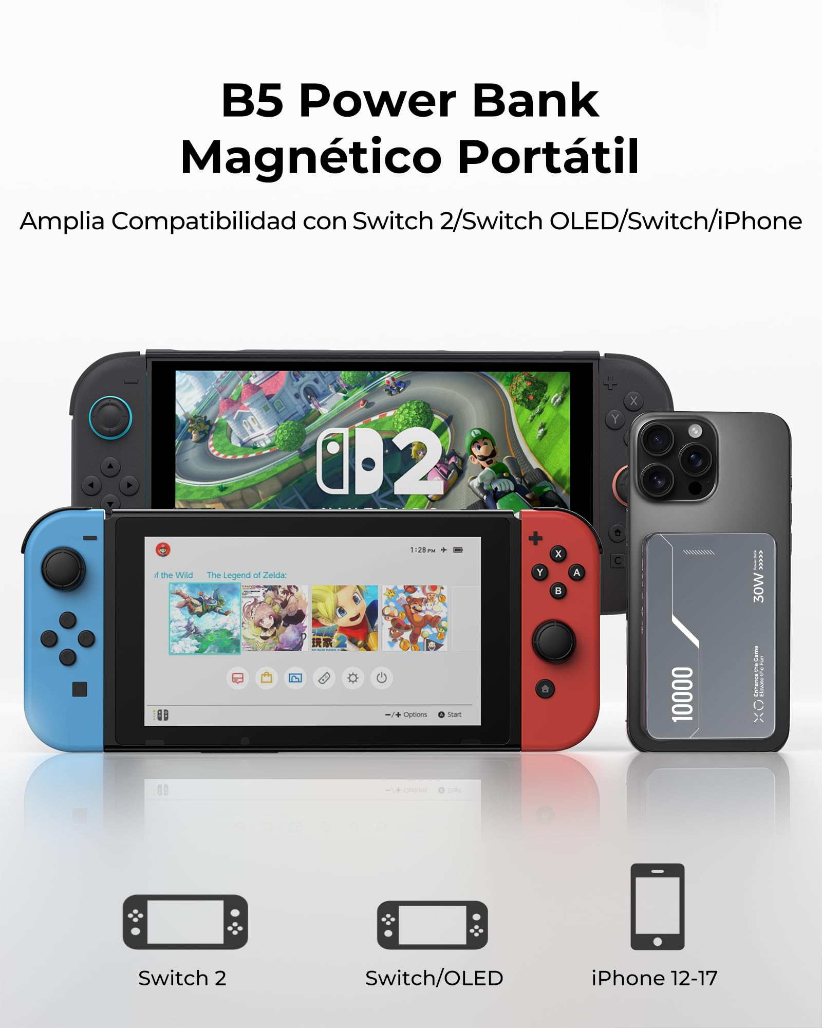 Antank B5 10000mAh Magnética Power Bank para Nintendo Switch 2 & iPhone | 30W PD Carga Rápida Bateria Portatil para iPhone 17-12/Switch/Switch OLED, Soportes Traseros Desmontables & Cables USB-C
