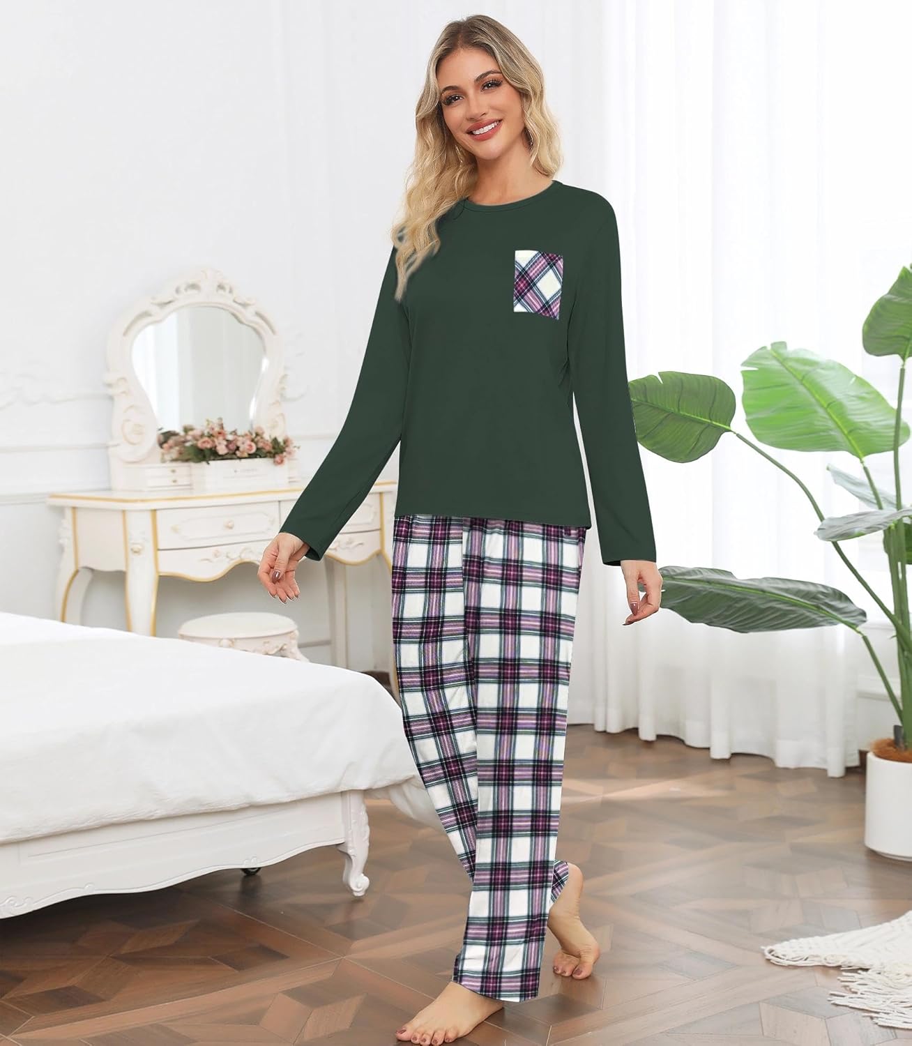 ENJOYNIGHT Womens Pajama Set Long Sleeve Pjs Two Piece Sleepwear Plaid Pant with Pockets - Image 2