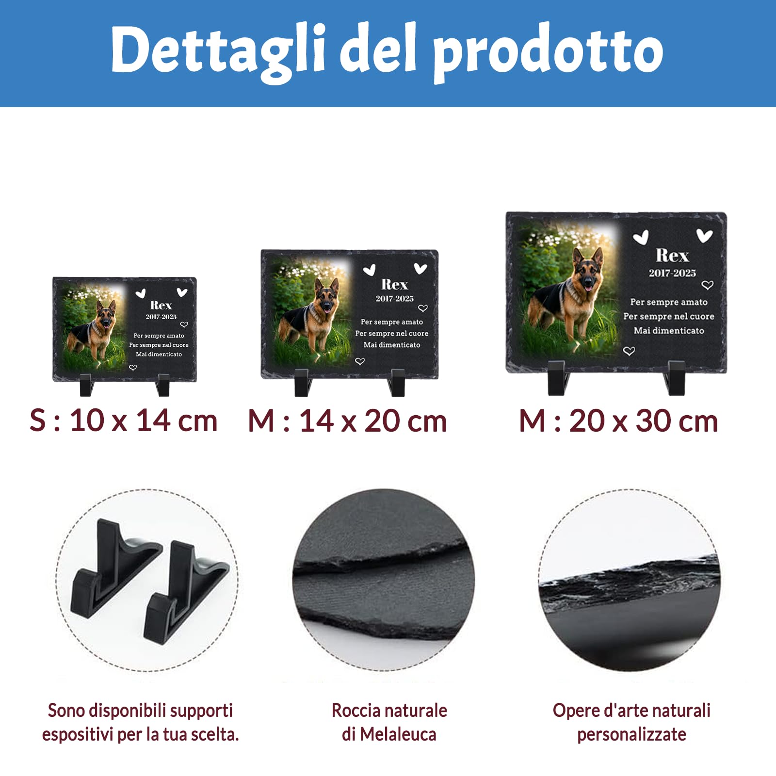 Targa commemorativa Personalizzata in Ardesia per Animali Domestici, lapide con Foto e Supporto, commemorativo per Cani defunti, lapide Personalizzata, 10x14/14x20/20x30 cm