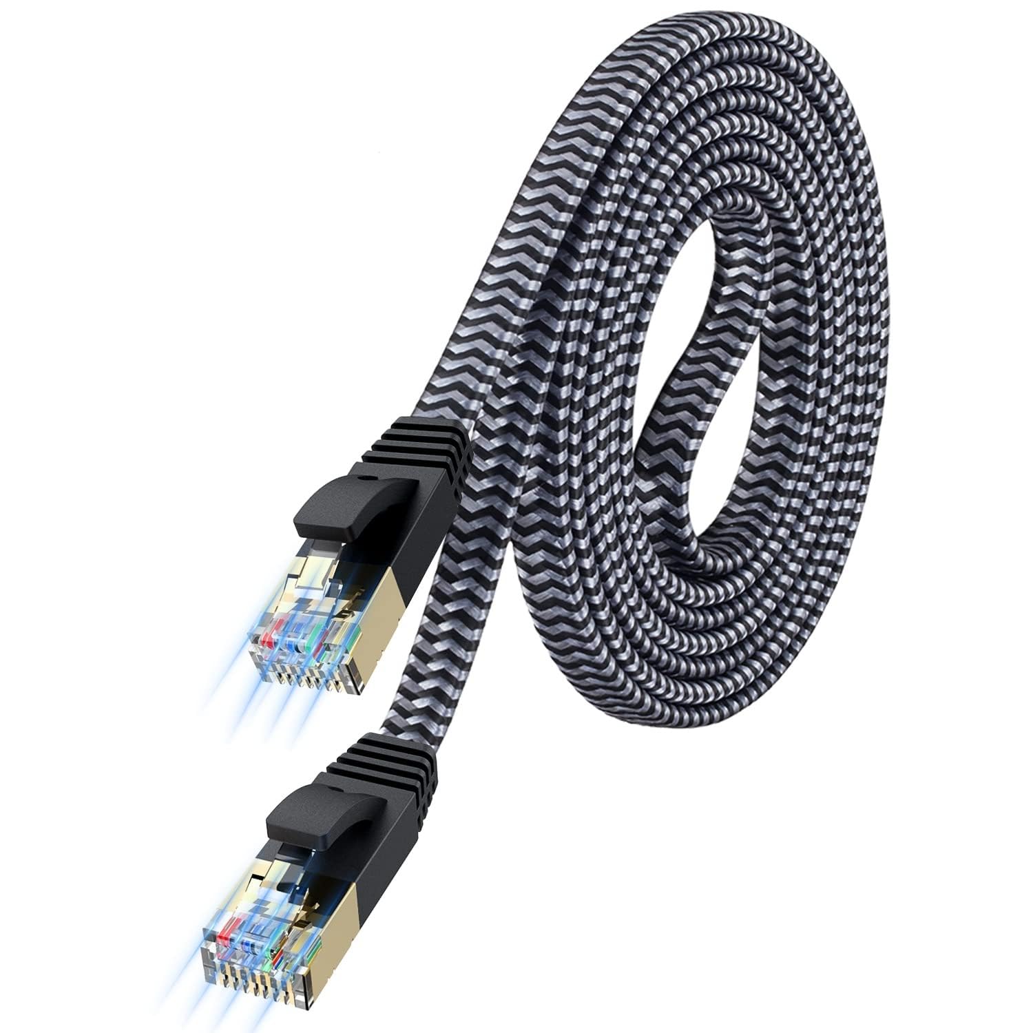 JIMTAB Cat 7 Ethernet Cable 10Gbps High-Speed, Premium Braided Flat Design for Gaming, Streaming, Home and Office (50FT)