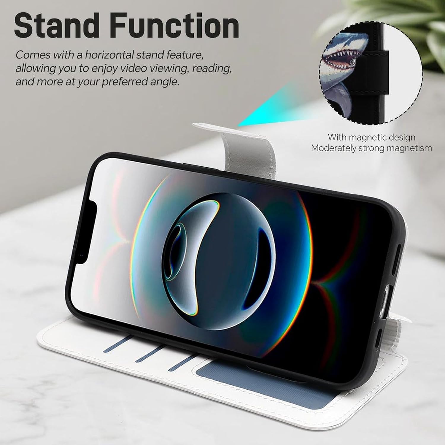 Shark Graphic Animal Art Compatible with iPhone 16/16 Plus/16 Pro/16 Pro Max/16 E Case Phone Wallet Card Holder Flip Cover with Wrist Strap