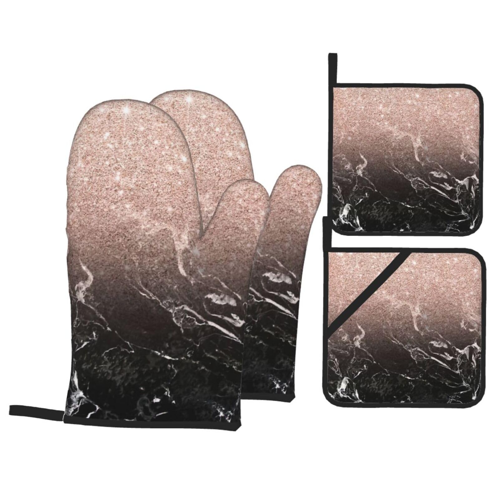 Marble Color Rose Gold Print 4-Piece Heat-Resistant Oven Waterproof Kitchen Gloves Cooking Roasting Essential