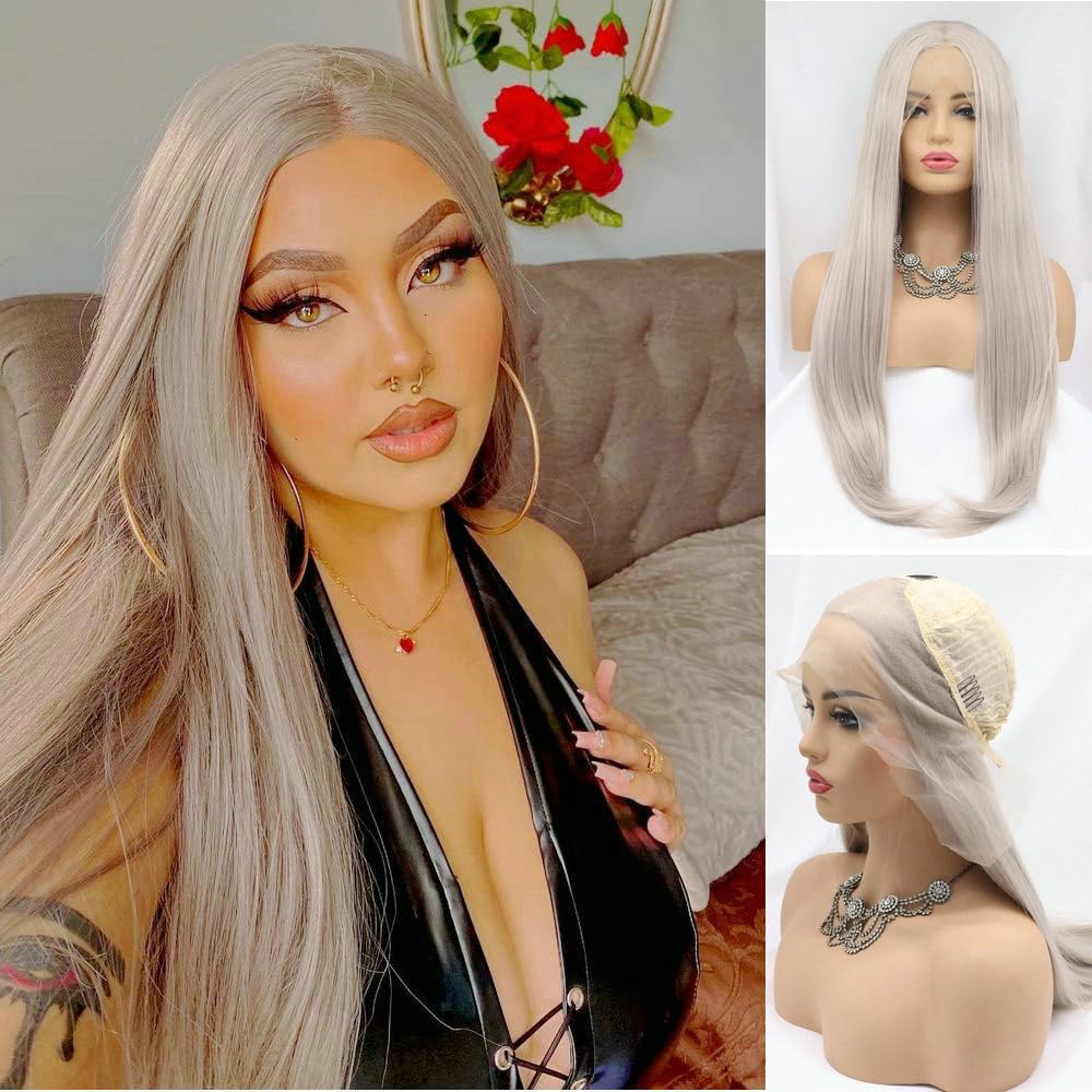 SERENEWIG24" Ash Blonde Synthetic Lace Front Wigs for Women Heat Resistant Glueless Cap Real Platinum Natural Long Hair Ladies Cosplay Party Pastel Grey Wigs Drag Queen