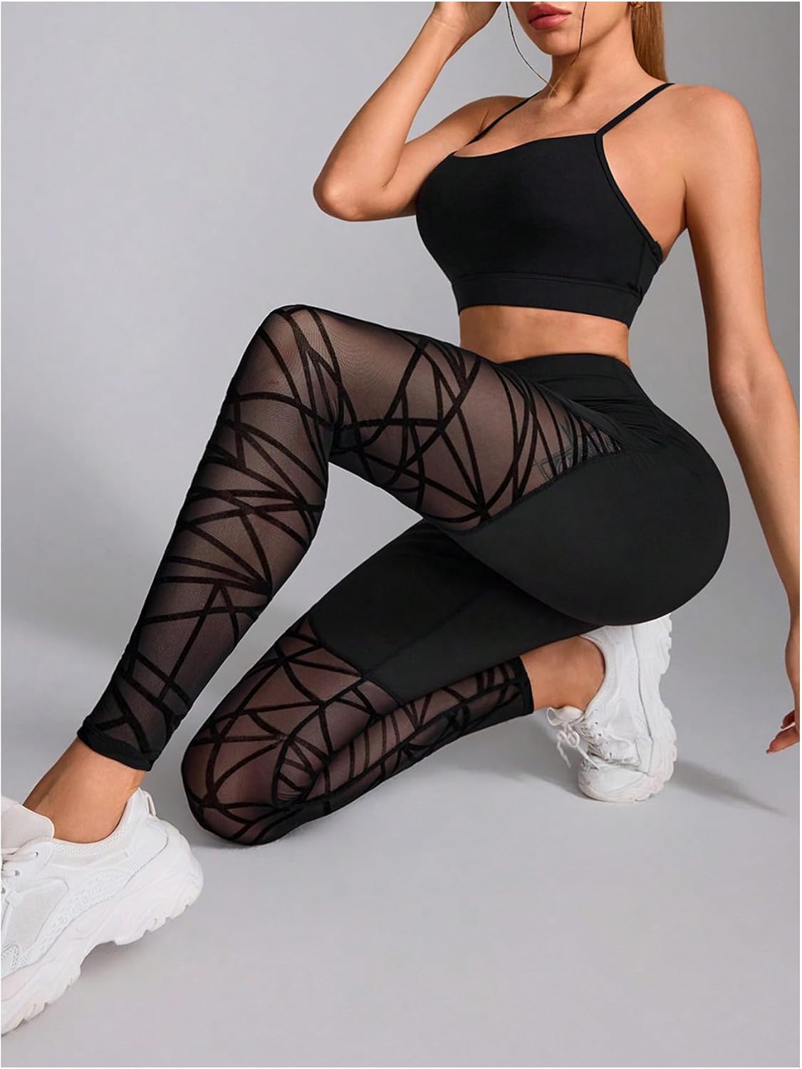 SweatyRocks Women's High Waist Workout Yoga Geometric Mesh Seamless Leggings Pants - Image 3