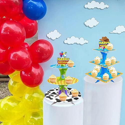 Miniatura 4 de Soporte de 3 niveles para cupcakes de historias de dibujos animados, 2 juegos de soporte de cartón para tartas, soporte de torre de postre para