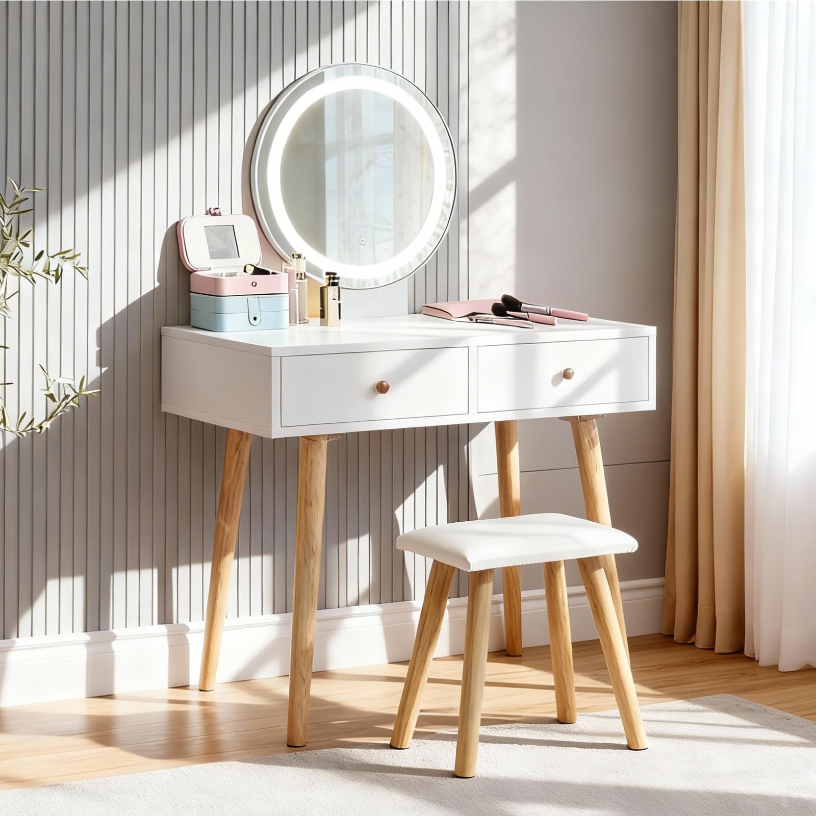 TUKAILAi Tocador Blanco con LED de Brillo Ajustable, Luces táctiles, Espejo, Taburete y 2 cajones, Juego de tocador, Mesa de Maquillaje, cosméticos, tocador, Muebles de Dormitorio