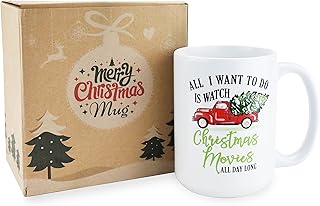 BLUE RIBBON Christmas Coffee Mug, Holiday Coffee Mug ‘’ All l Want to Do Is Watch CHRISTMAS MOVIES All Day Long’’, Funny Christmas Mugs from Daughter, Wife and Son – Christmas Movie Mug, 15oz