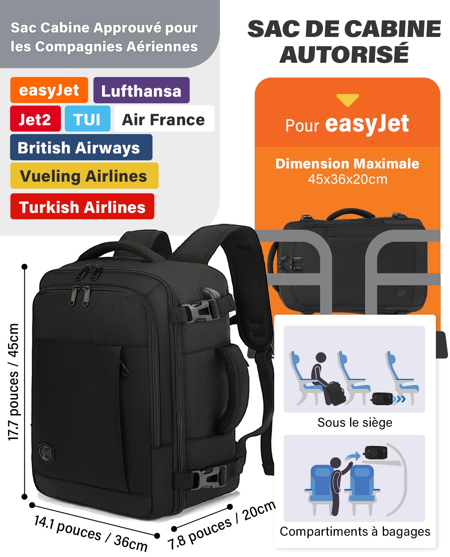 VANKEV Sac à Dos Voyage Cabine Avion 45x36x20 Pour Easyjet 30L Bagage à Main Femme Homme Sous Siege Cabine Sac à Dos Pour Ordinateur Portable 15.6 Pouces Noir