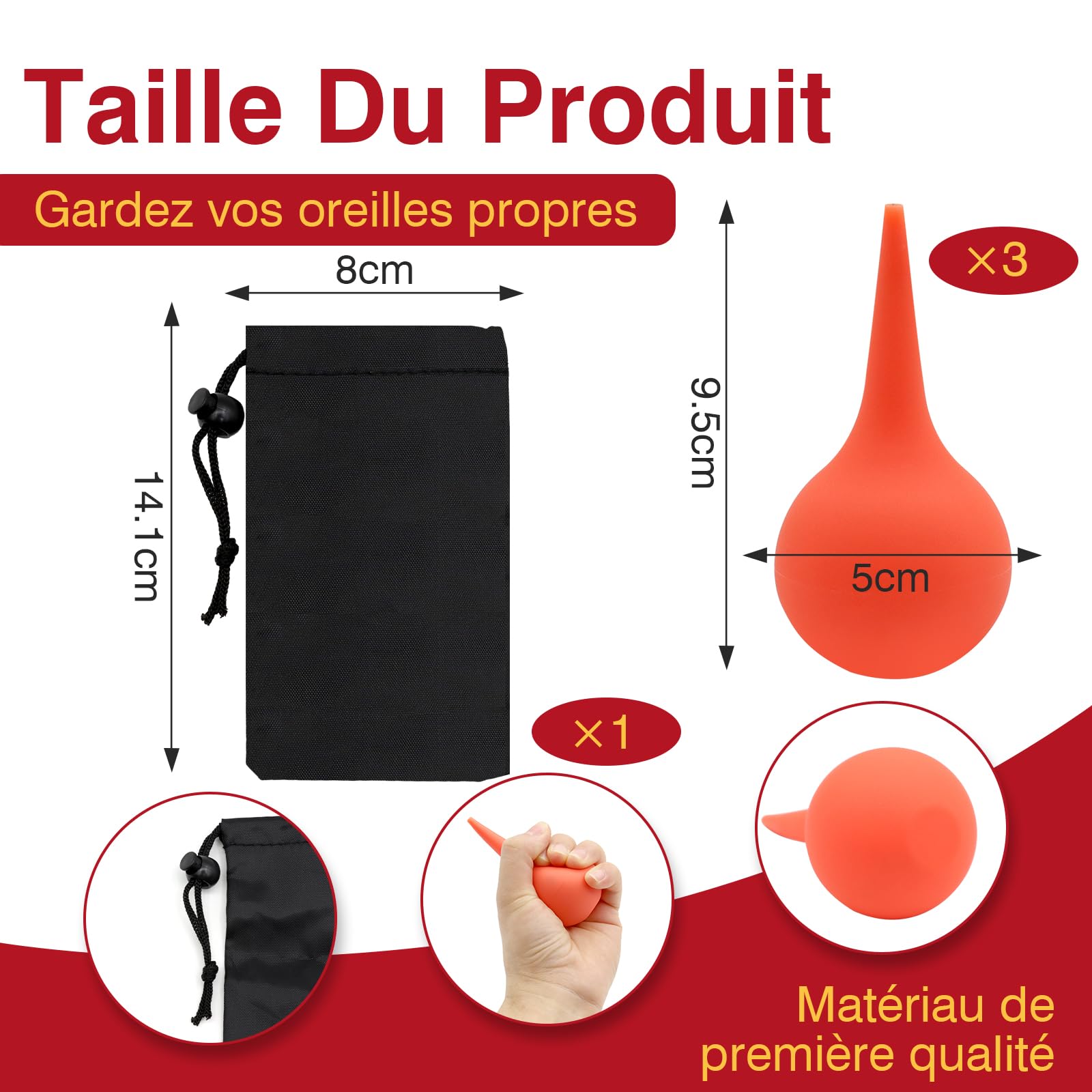 3 PCS Poire Lavement Oreilles, Poire Oreille Bouchon Adulte Enfant avec Sac Tissé Poire Effilée pour Nettoyer les Oreilles Seringue oreille Utiliser pour Nettoyage des Oreilles (Rouge)