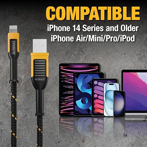 Miniatura 8 de DEWALT Cable Lightning a USB, cable trenzado reforzado para Lightning, cable de carga compatible con iPhone, cable de carga compatible con Apple, 6