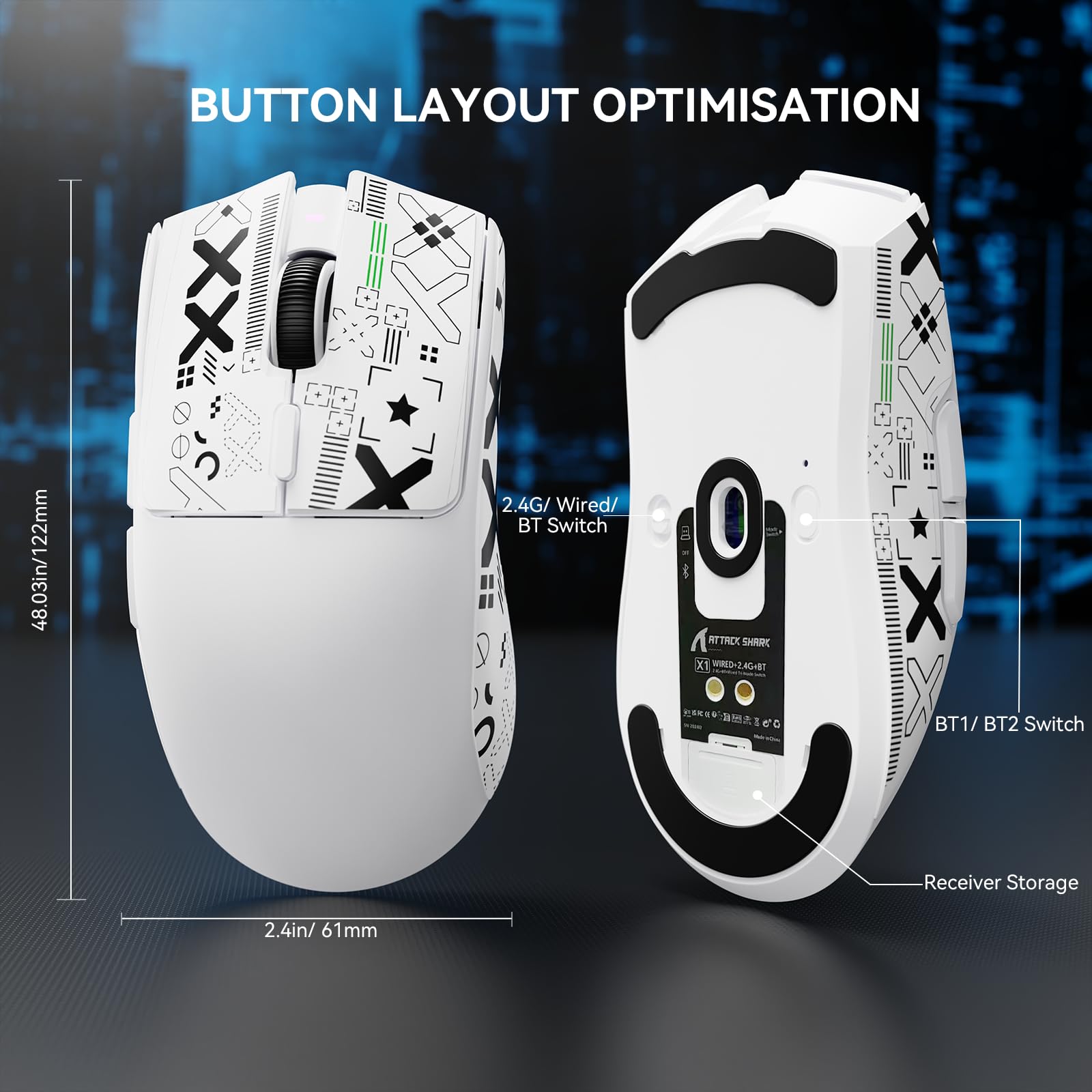 MAMBASNAKE x Attack Shark X1 Souris Gaming Légère avec Station de Charge, 49g Ultra-légère, Mice de Office Filaire/sans Fil BT/2,4G avec Grip Tape, Capteur PixArt PAW3395 Pro 40K PPP, PC/Mac - Blanc