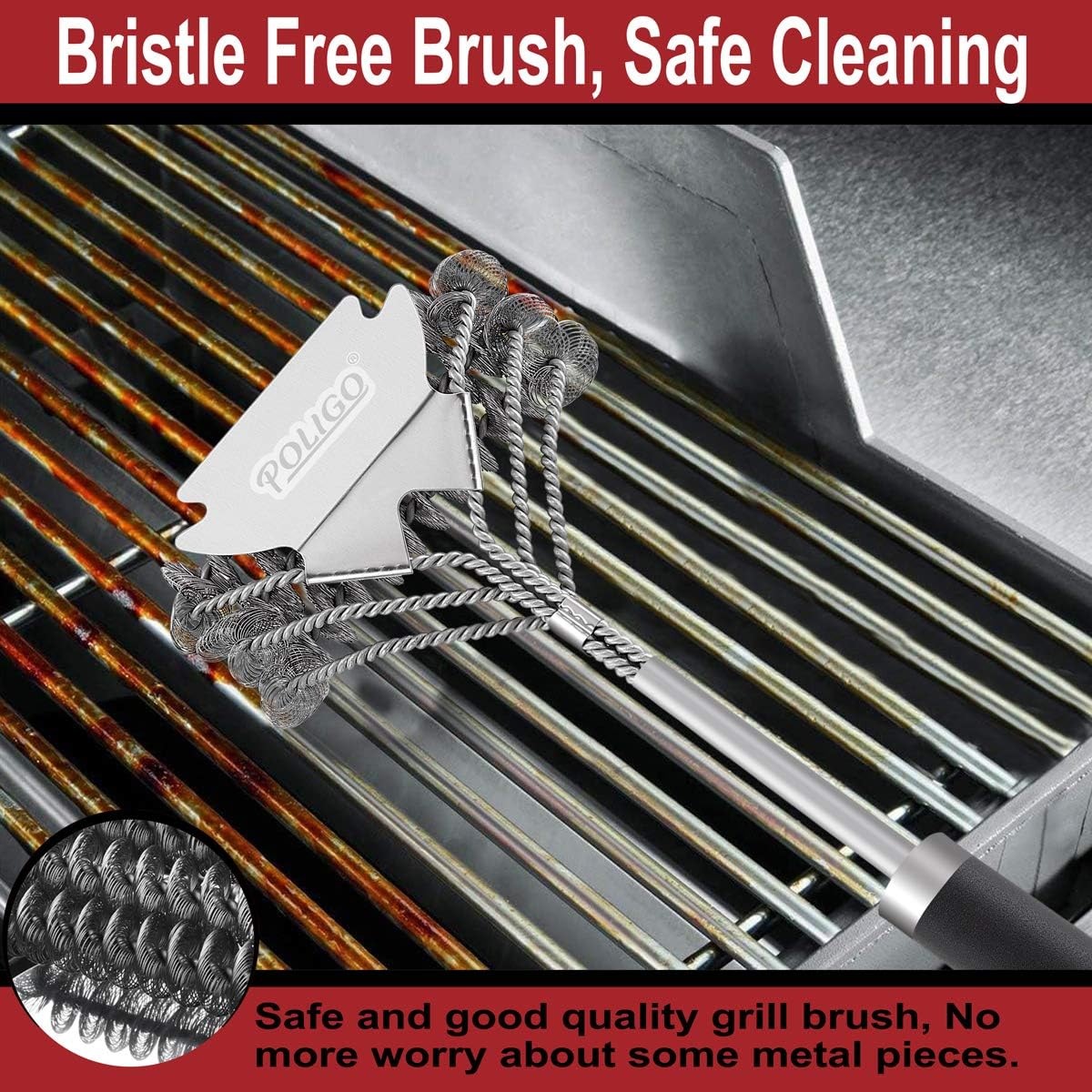 POLIGO 18" Grill Cleaner Brush Safe Grill Brush and Scraper Bristle Free - Stainless Steel BBQ Brush for Grill Cleaning - Wireless Grill Brush with BBQ Scraper for Grill - Gifts for Grill Wizard : Patio, Lawn & Garden