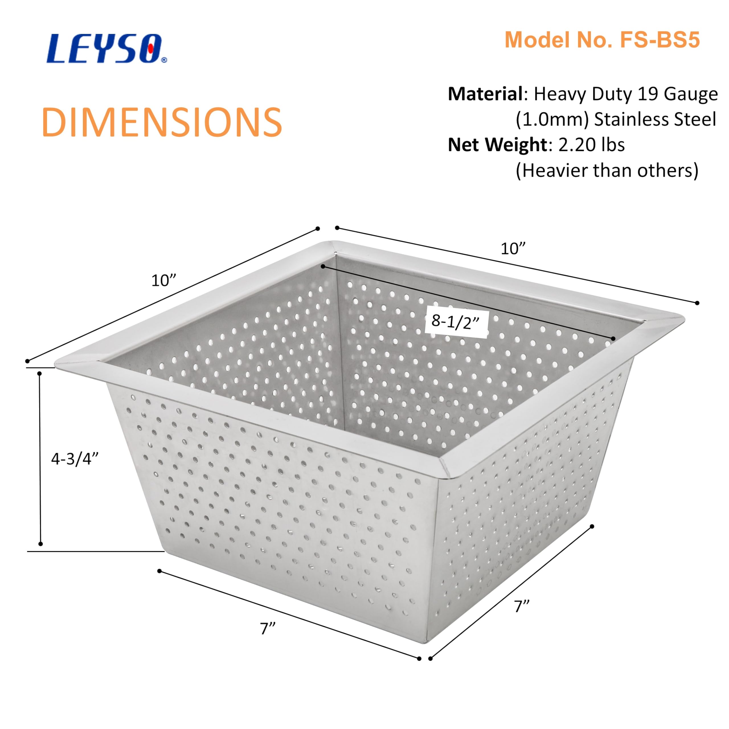 Leyso Cesta de acero inoxidable para colgar en la parte superior del fregadero, cubierta de drenaje para fregadero, 10 x 10 x 4-3/4 pulgadas para cocina, restaurante, bar, bufé (4-3/4 pulgadas de alto
