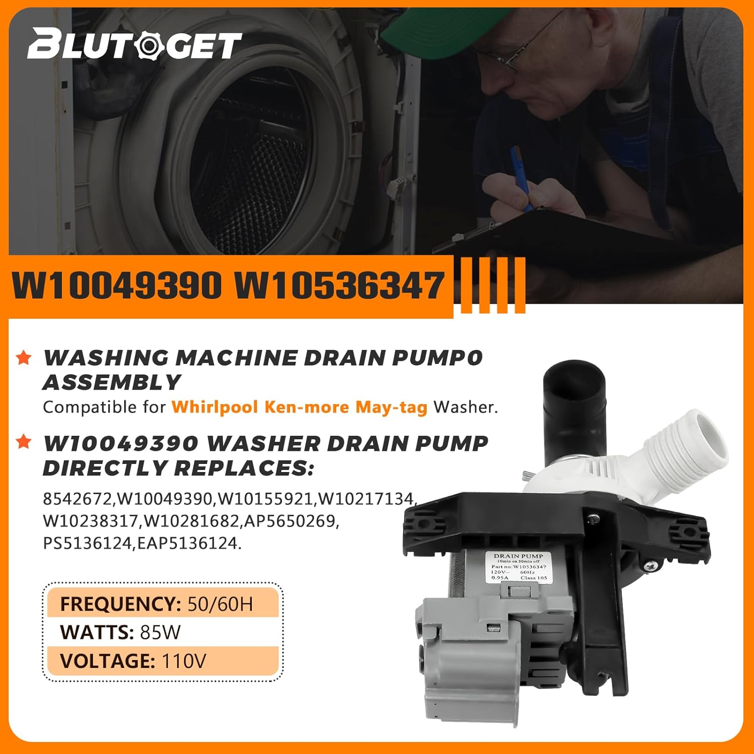 [2026 UPGRADED]W10536347 W10155921 W10049390 Washer Drain Pump Assembly by Blutoget - Fit for Whirlpool Kenmore Maytag Washing Machine - Replaces W10217134 AP5650269 W10281682-3 Pack Mounting Screws