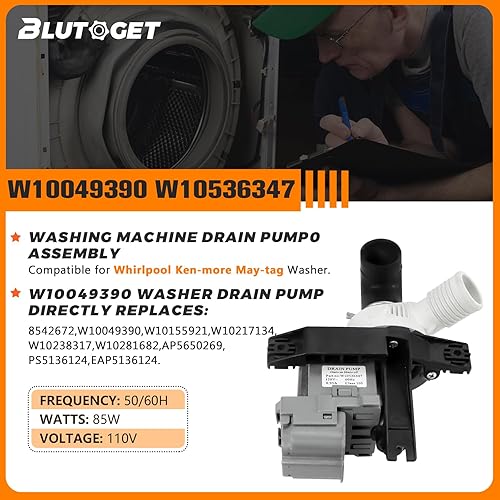 Miniatura 3 de Blutoget W10536347 W10155921 W10049390 - Conjunto de bomba de drenaje para lavadora Whirlpool Ken-more - Sustituye a W10217134 AP5650269 W10281682-