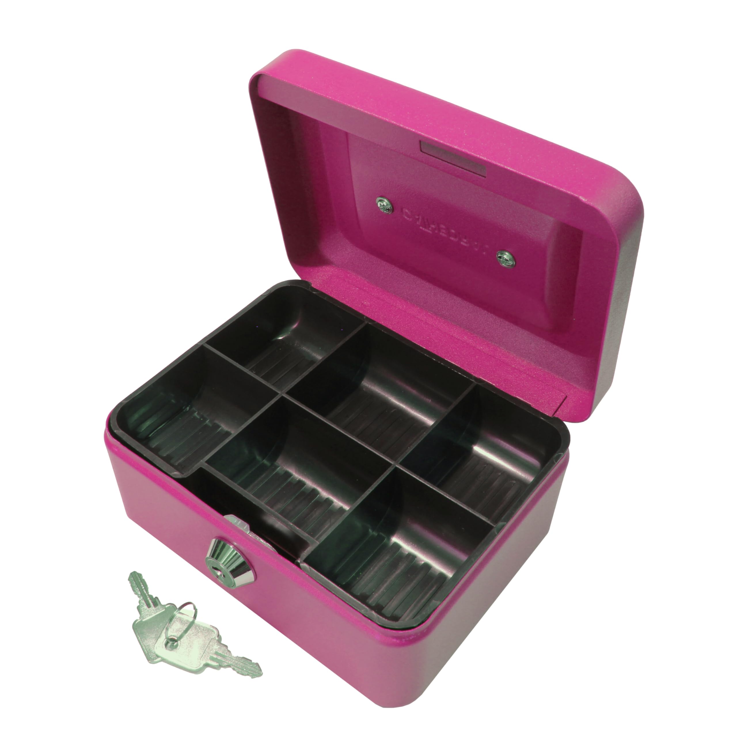 Cathedral Products Pink Key Lockable Cash Box With Lift Out 6 Compartment Coin Tray - 6 Inch