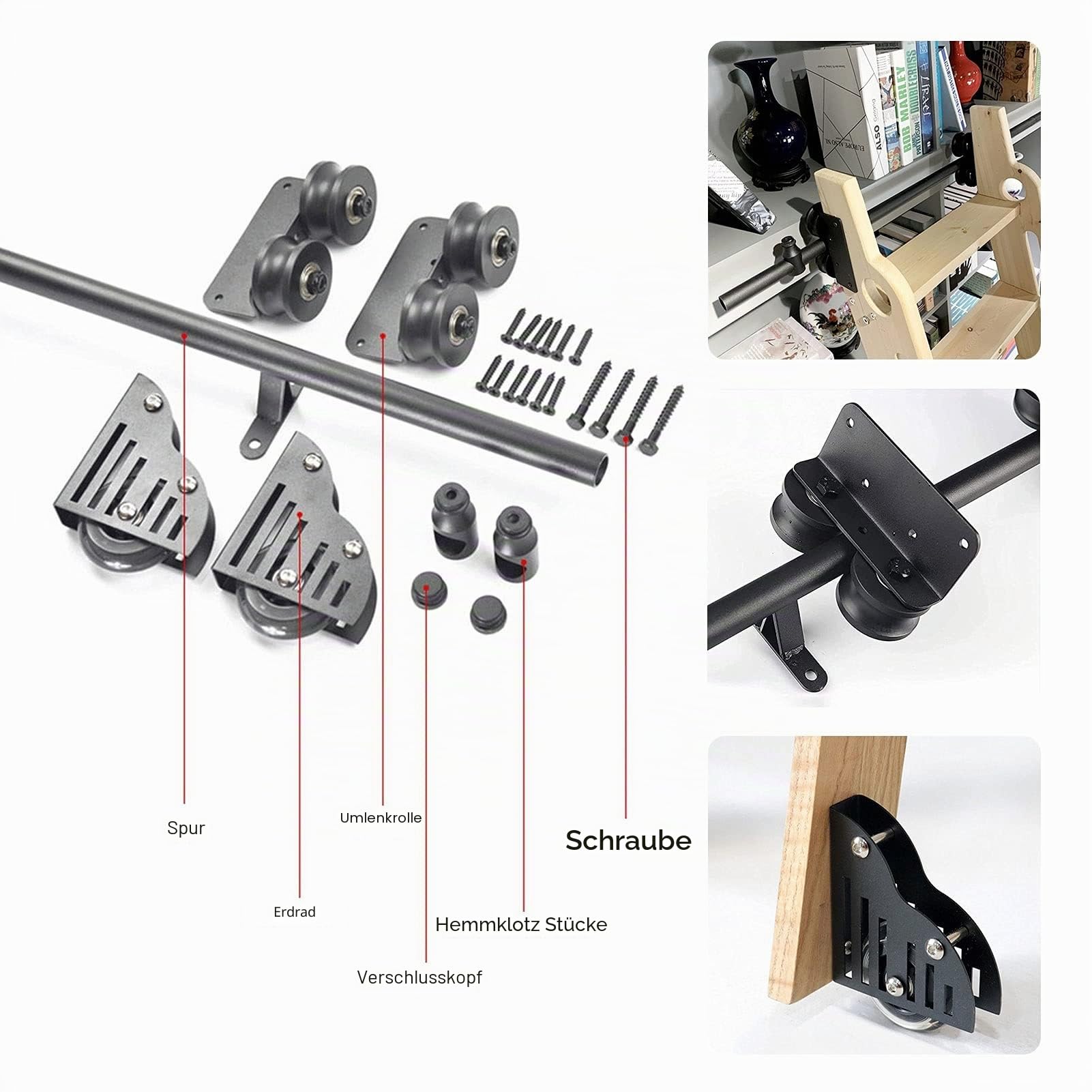 Rollende Bibliotheksleiter, Hardware-Kit, Schiebeleiter, Bibliothek, komplettes Set, Hardware-Rollbahn mit Bodenrollenrädern, schwarzes Stahl-Rundrohr, mobile Leiterschienen (ohne Leiter)
