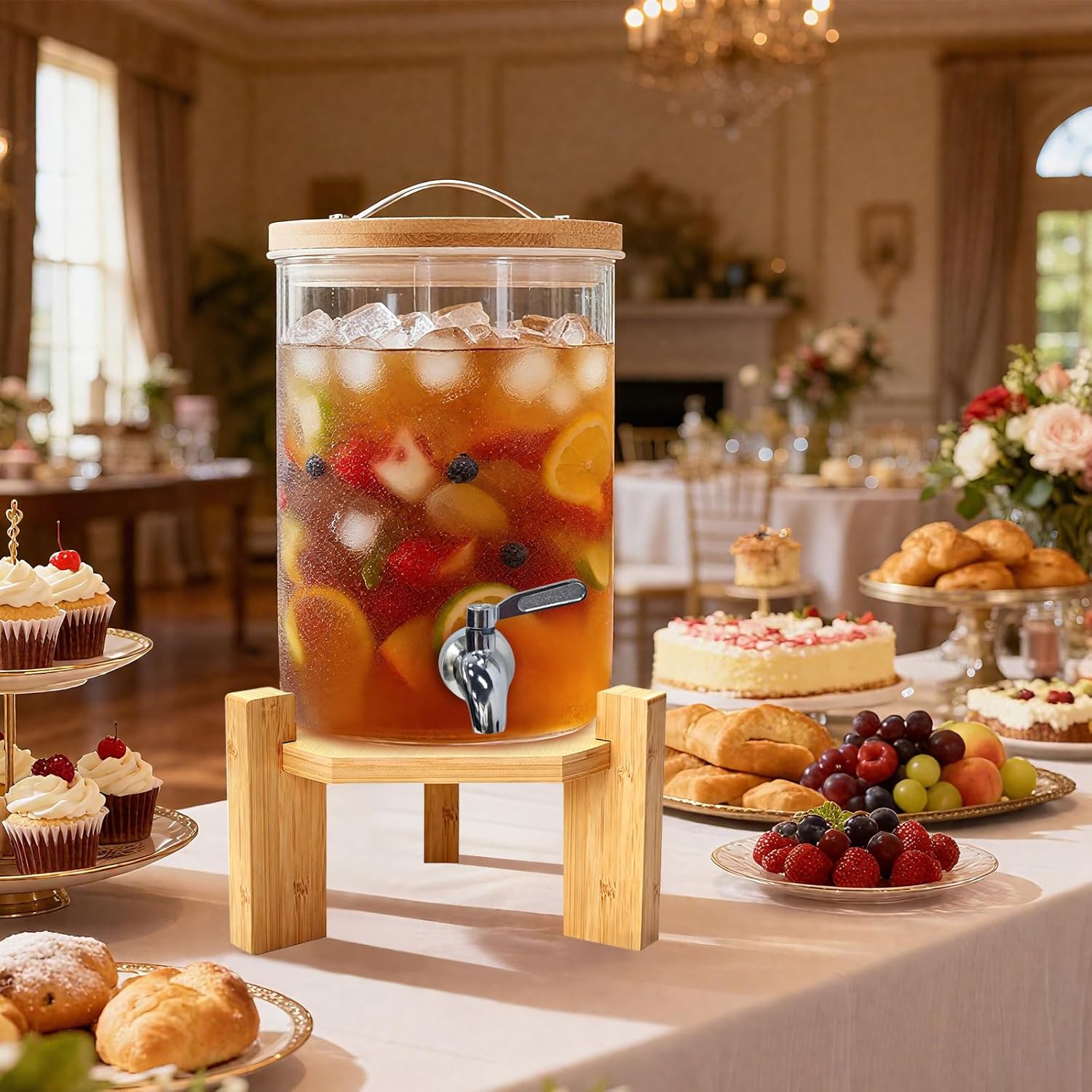 2.1 Gallon Drink Dispenser,Glass Beverage Dispenser With Wood Stand,Large Water Drink Dispensers for Parties with Anti-blocking Spigot,Christmas Party Drink Dispenser for Lemonade,Juice, Iced Tea - Image 6