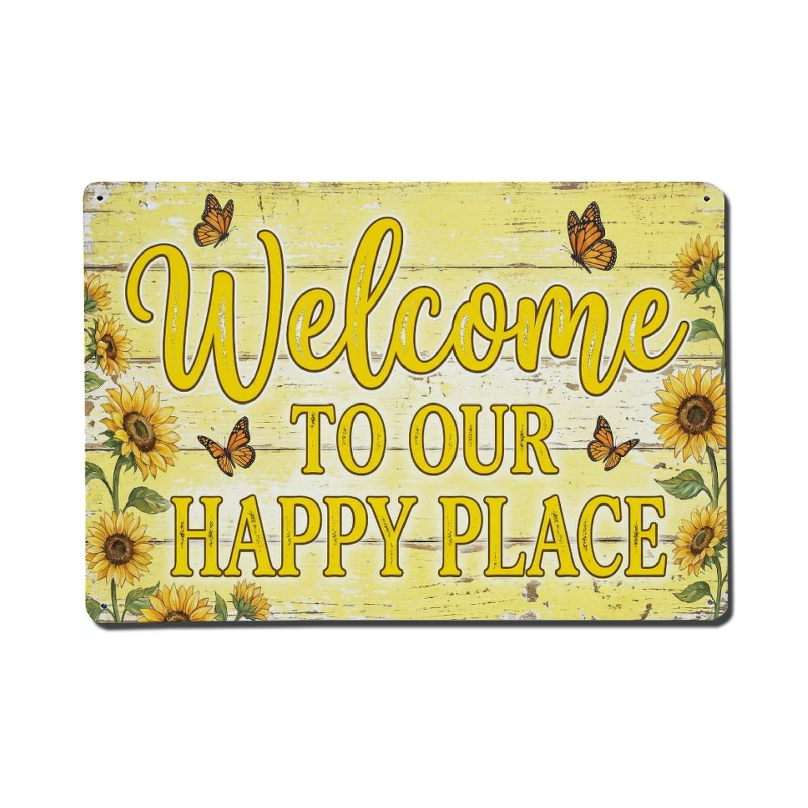 Welcome To Our Happy Place Sunroom Garden Vintage Metal Tin Sign Plaque Wall Decor for Cafe, Club, Garden Metal Poster 8x12Inch