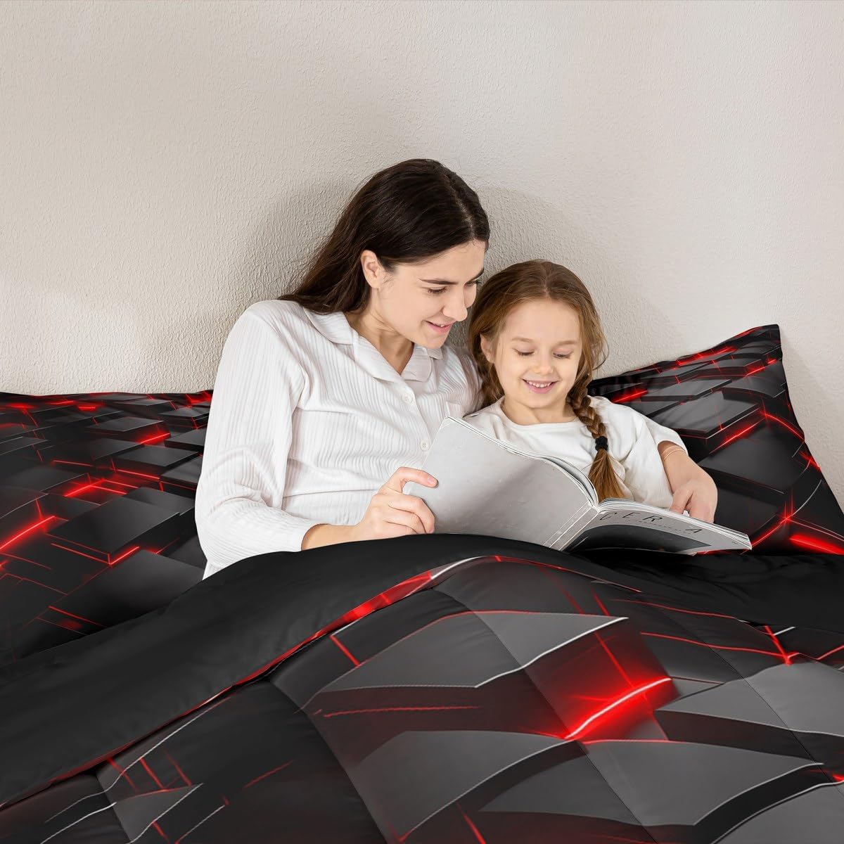 Feelyou Red and Black Duvet Quilt Twin Size Geometric Bedding Set for Boys Girls ChildrenHoneycomb Modern Comforter Set Room Decor 2Pcs