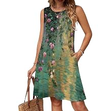 GLUDEAR Women's Summer Dress Oil Paint Floral Print A-Line Sleeveless Casual Sundress with Pockets