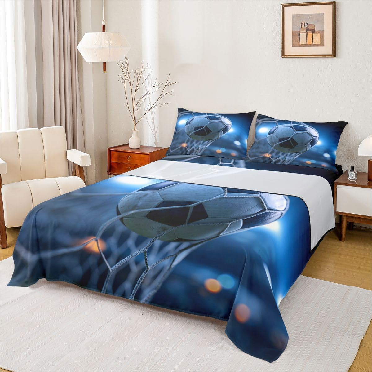Feelyou 3D Soccer Bed Set Football and The Soccer Ball Decor Bed Sheets for Kids Boys Girls Youth Sports Theme Sheet Set Bright Blue Sheets Bedroom Collection 3Pcs Twin Size