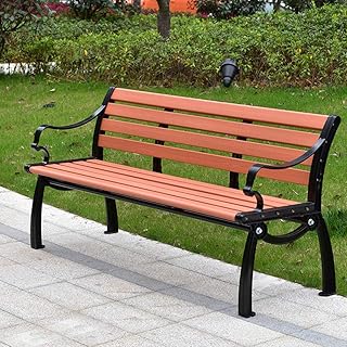 Banco de jardim externo, banco de terraço de jardim de parque, banco de lazer, banco externo à prova de intempéries com estrutura de ferro e madeira maciça anticorrosiva, banco de pátio de 2 a 3 luga