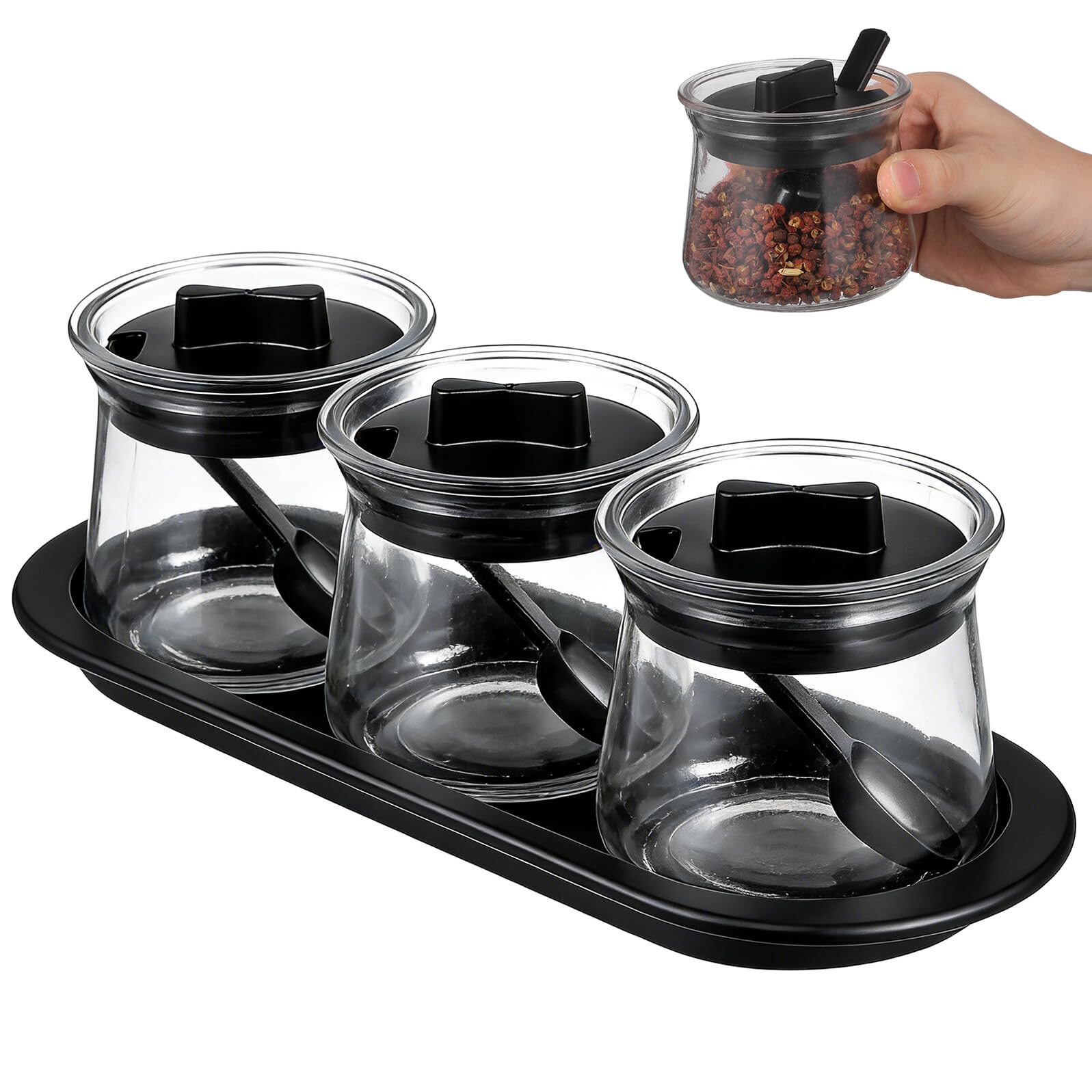 Happyyami Set 3 Barattoli per Condimenti in Vetro Soda con Coperchio, Cucchiai e Vassoio, Contenitori Trasparenti per Spezie da Cucina, Organizzazione Ordine e Uso Quotidiano