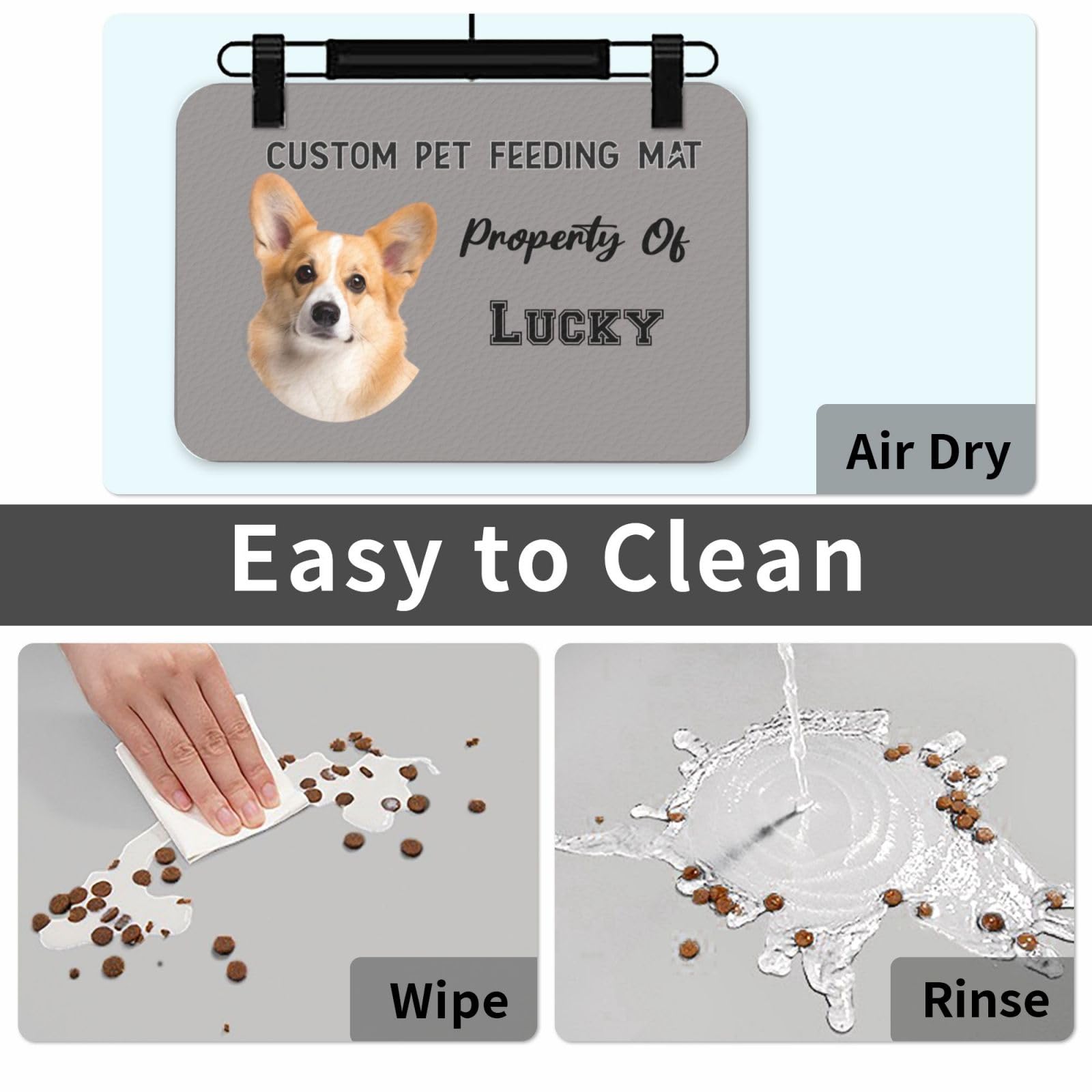 Tappetino per l'alimentazione degli animali domestici, tappetino personalizzabile per cibo per cani e gatti con foto e testo del nome, in pelle PU assorbente con retro in gomma antiscivolo