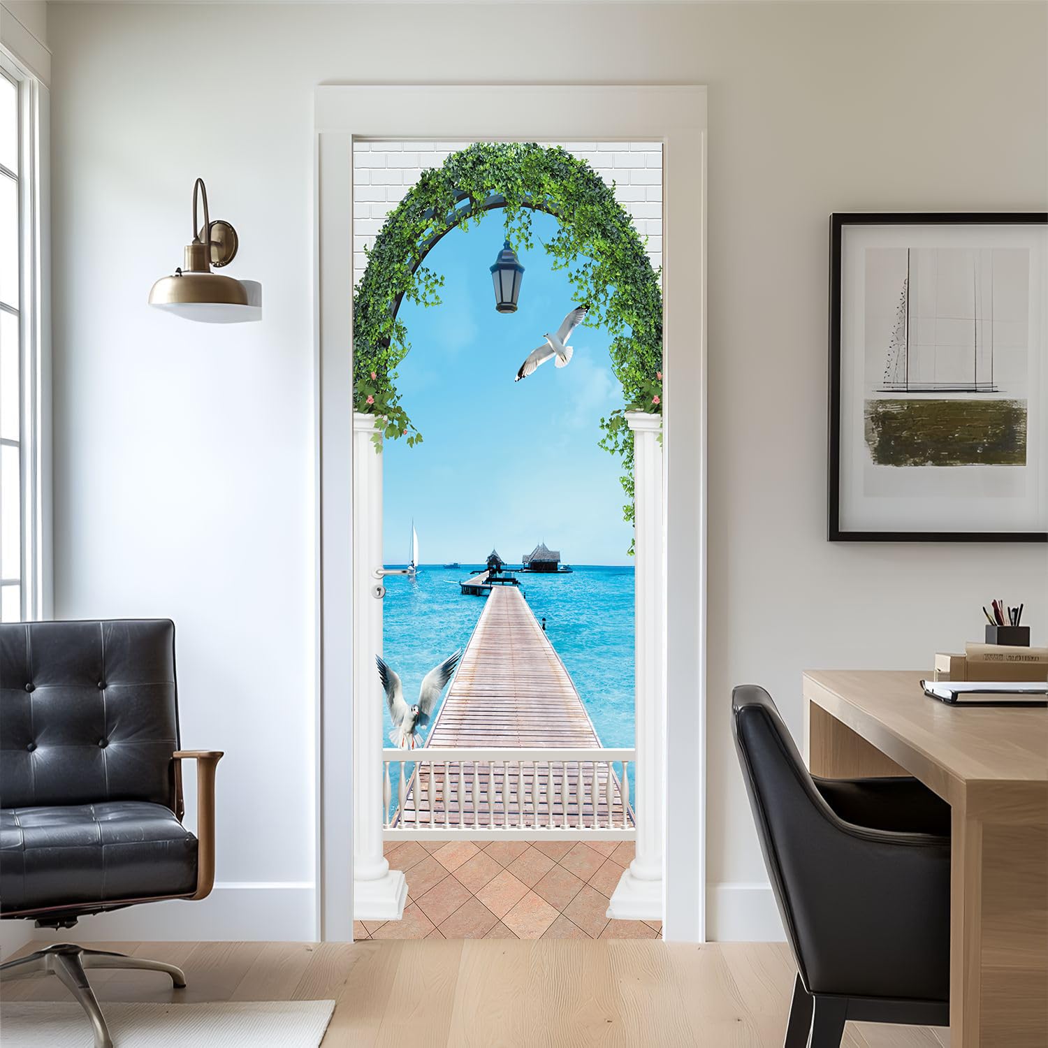 Flfk Mt975 3D Door Sticker Peel And Stick 77X200cm- Self-Adhesive Door Murals Wallpaper Poster Bridge Seascape For Home Decor(2Pcs/Set)