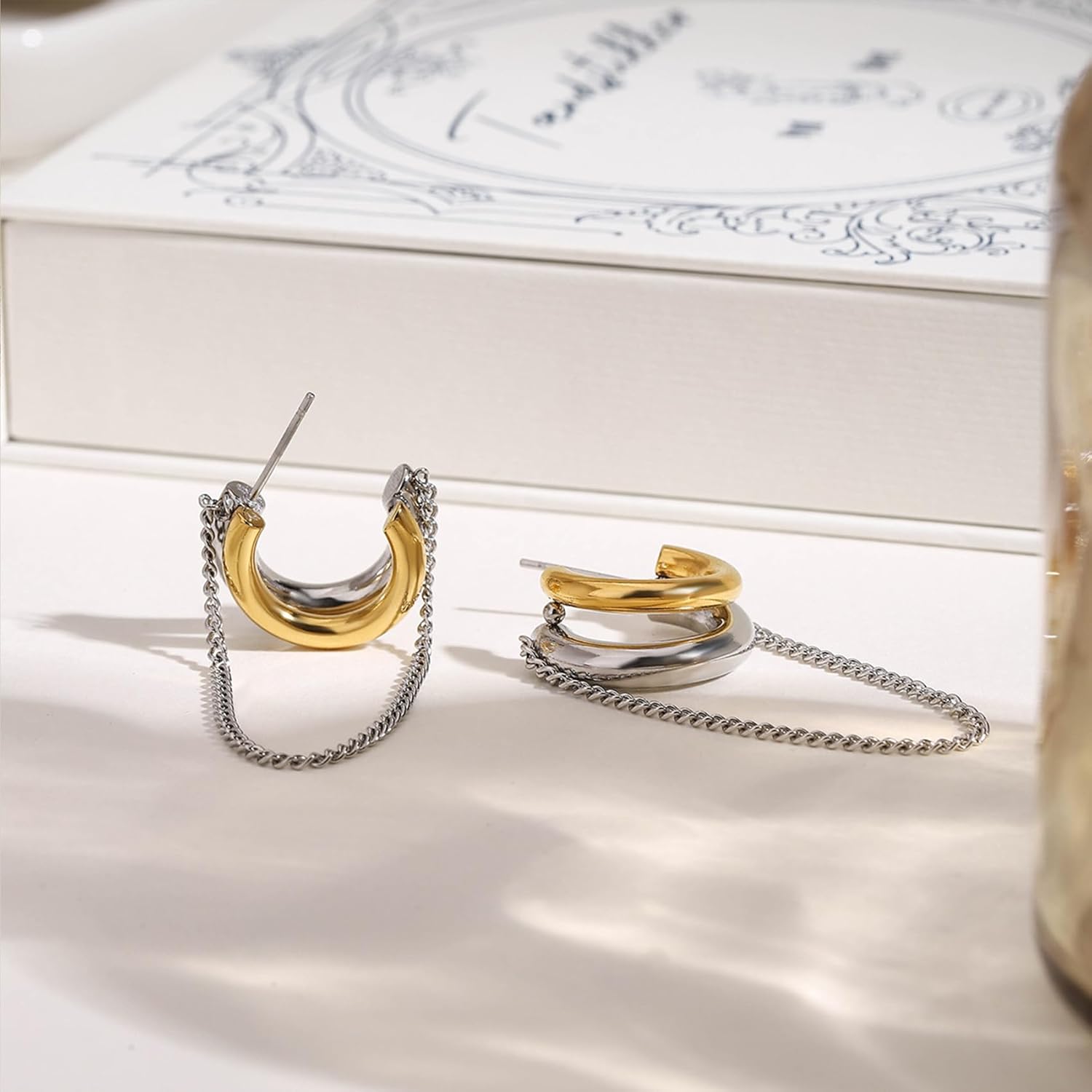 Two Tone Chain Hoop Earrings for Women Dainty Gold Silver Dangling Chain Earrings Lightweight Double Open Hoops Mixed Metal Trendy Fashion Jewelry - Image 6