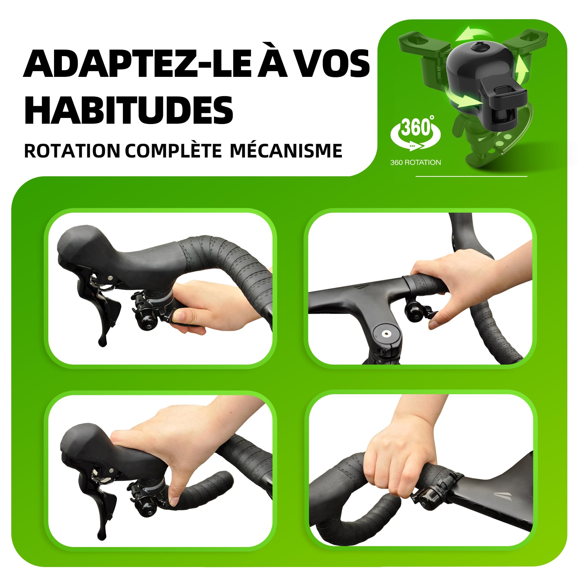 Sonnette Vélo Puissante 100 DB Rotation 360° Compatible Guidons 22-32 mm Route Gravel