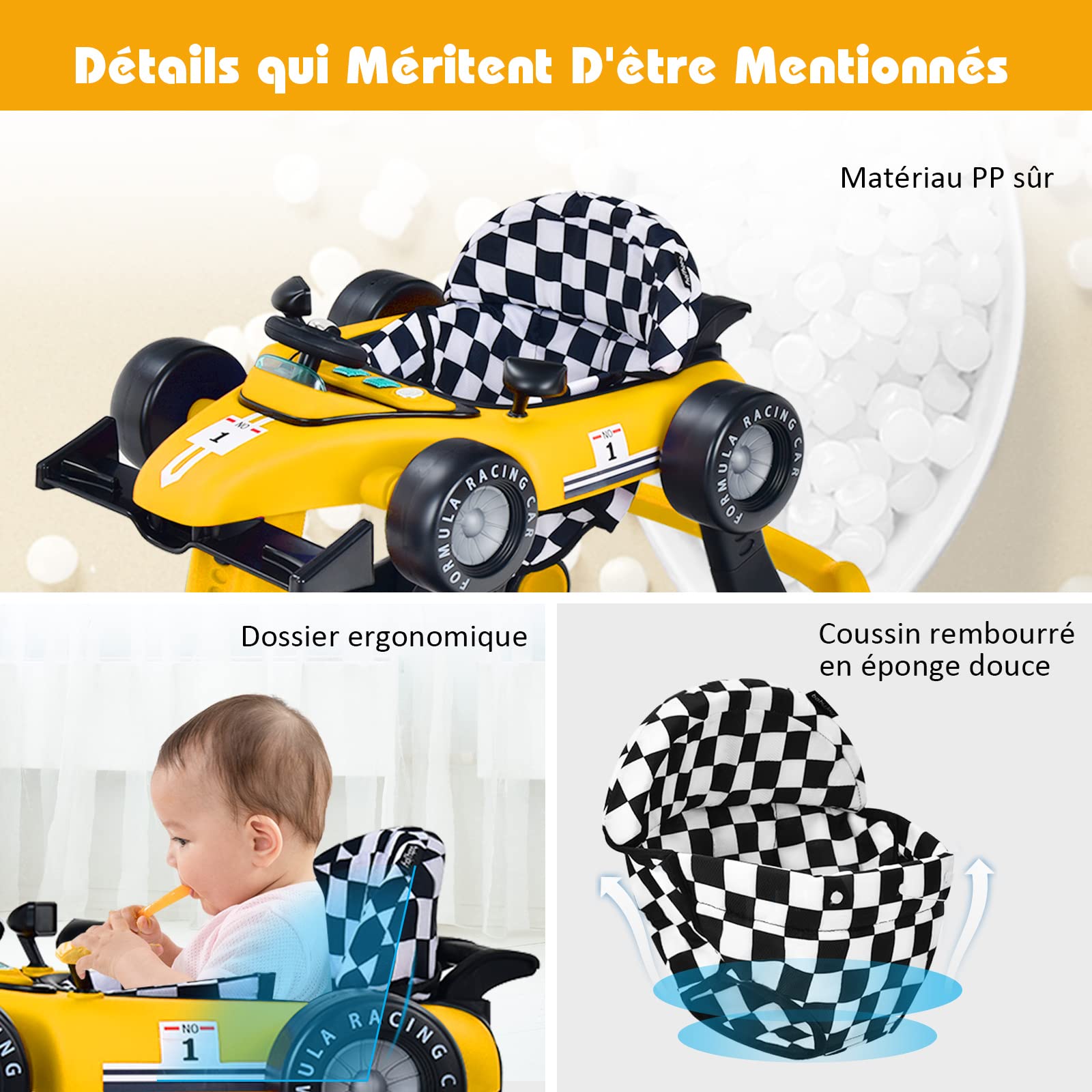 GOPLUS Trotteur Bébé Évolutif 4 en 1 Garçon Fille 6-18 Mois, Charge Max 12 KG, Trotteur Bebe Marche Pliable, Musique et Lumière, Hauteur Réglable en 3 Positions (Jaune)