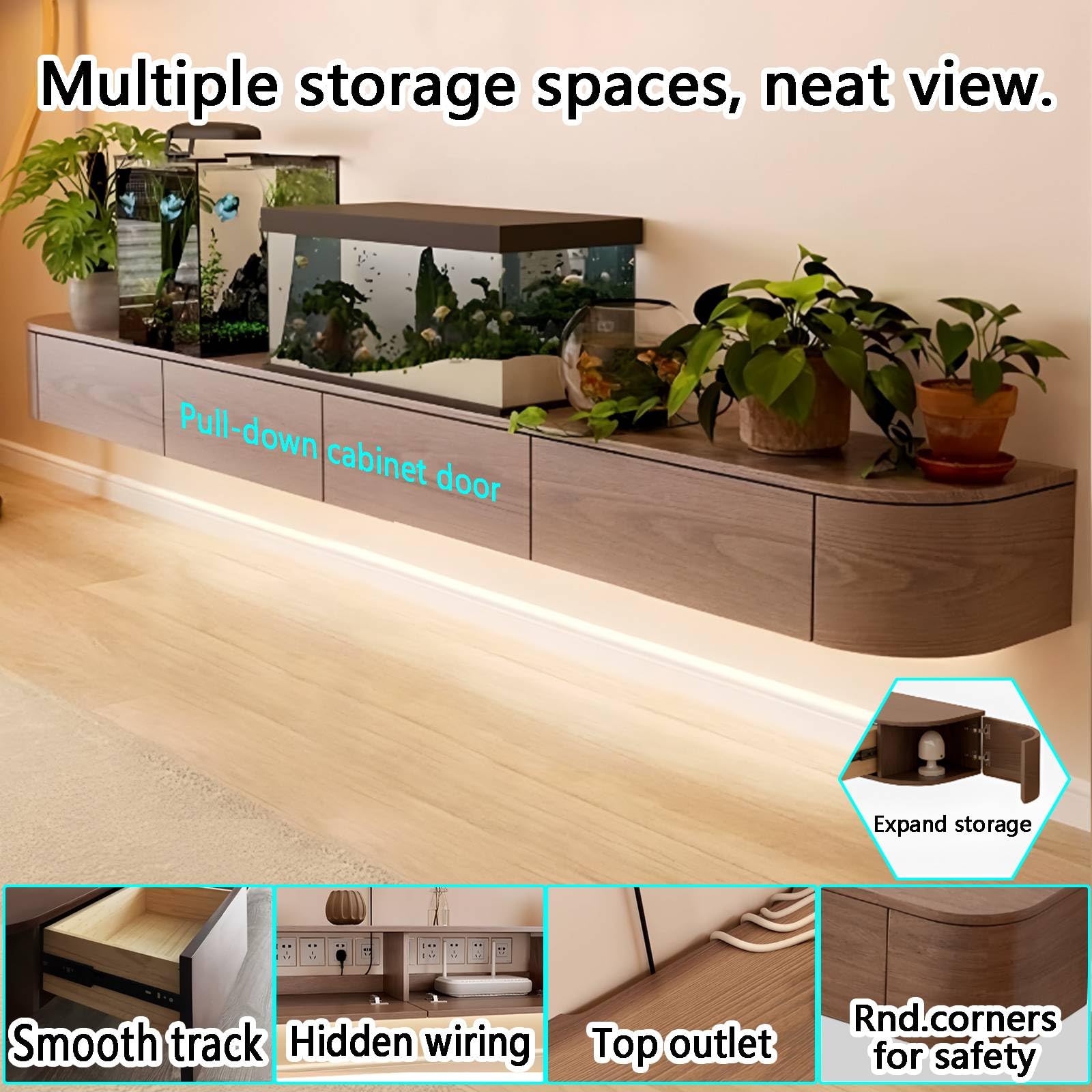 Mobile TV Sospeso con Luce LED – Mobile TV a Parete, Multimediale TV Moderna Legno massello-Noce 240CM