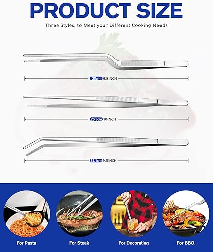 Miniatura 3 de Juego de pinzas de cocina fina, pinzas profesionales de acero inoxidable para alimentos, pinzas largas de cocina negras para cocinar, enchapar,
