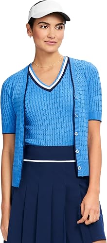 IZOD Women's Short Sleeve Cardigan Sweater, Little Boy Blue, X-Large