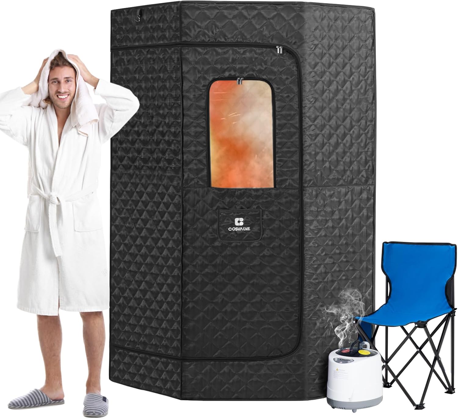 COSVALVE Full Size Portable Sauna,Pentagon Sauna Tent, Sauna Box, Personal Indoor Steam Sauna Room for Relaxation, at Home Sauna Spa w/4L 1600W Steam Generator, Remote Control, Timer, Folding Chair