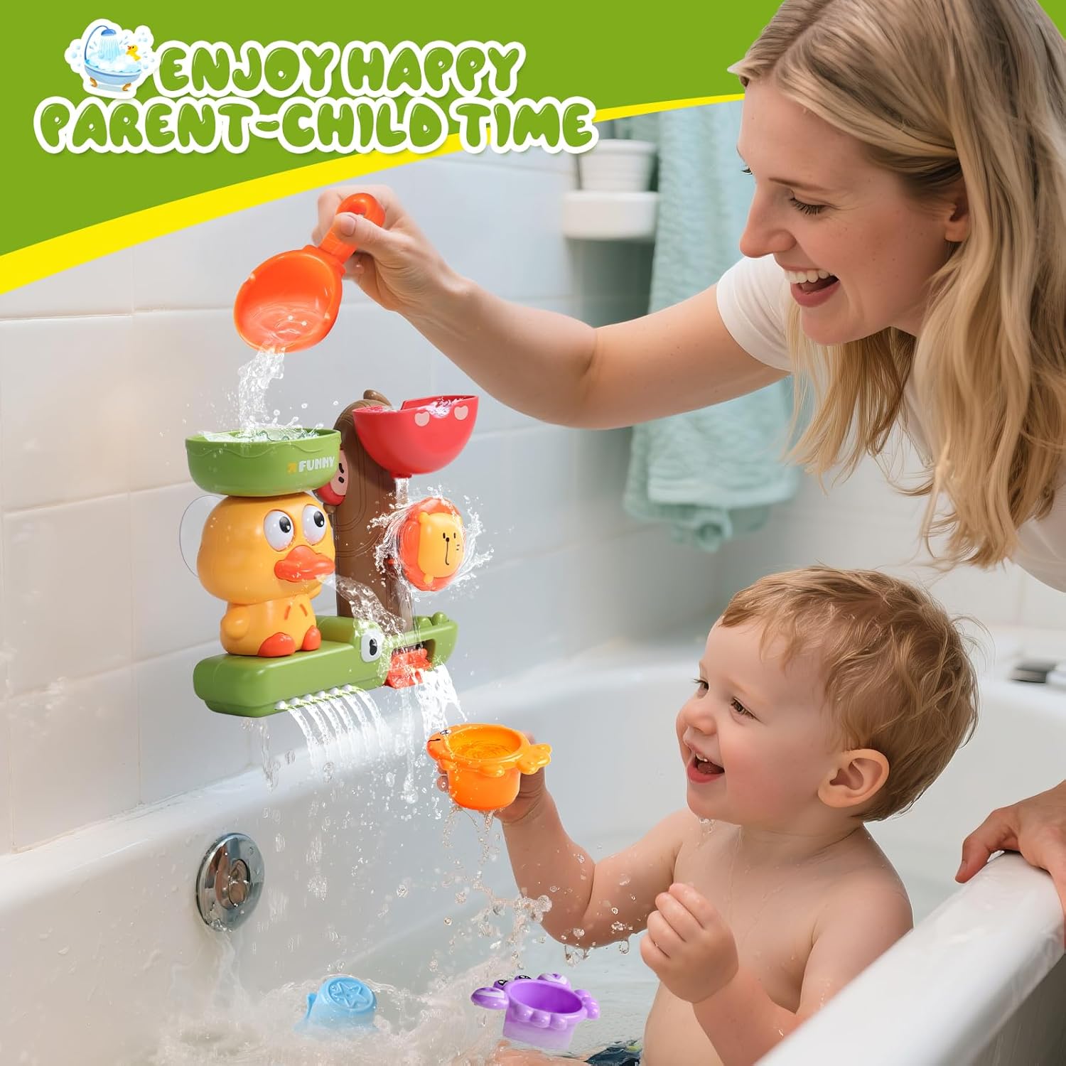 Baby Bath Toys for Kids Ages 1-3 Interactive Toddler Bath Toys Duck Sensory Bathtub Water Shower Toys with 3 Stacking Cups for 12+ Months Boys Girls Birthday Gifts