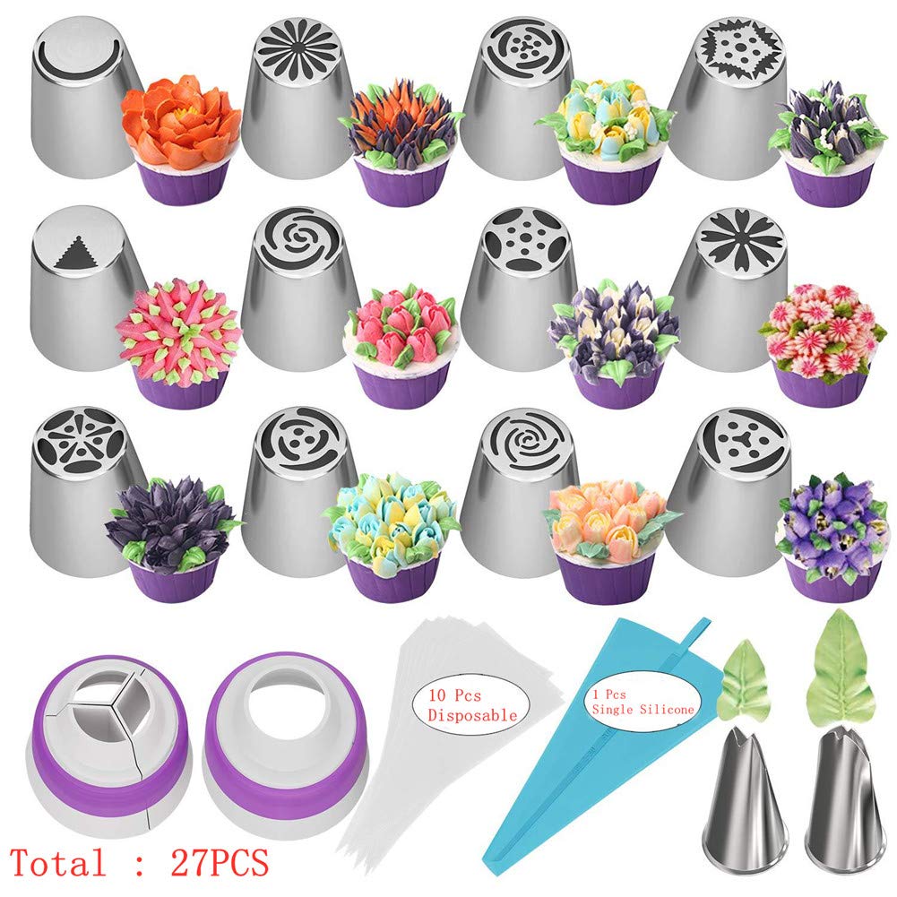 27pcs Russian Piping Tips Set - Cake Decorating Supplies for Cupcakes, Cookies, Cakes & Pastries, Includes 12 Icing Tips, 2 Leaf Tip, 2 Couplers & 10 Pastry Bags (27pcs Set)