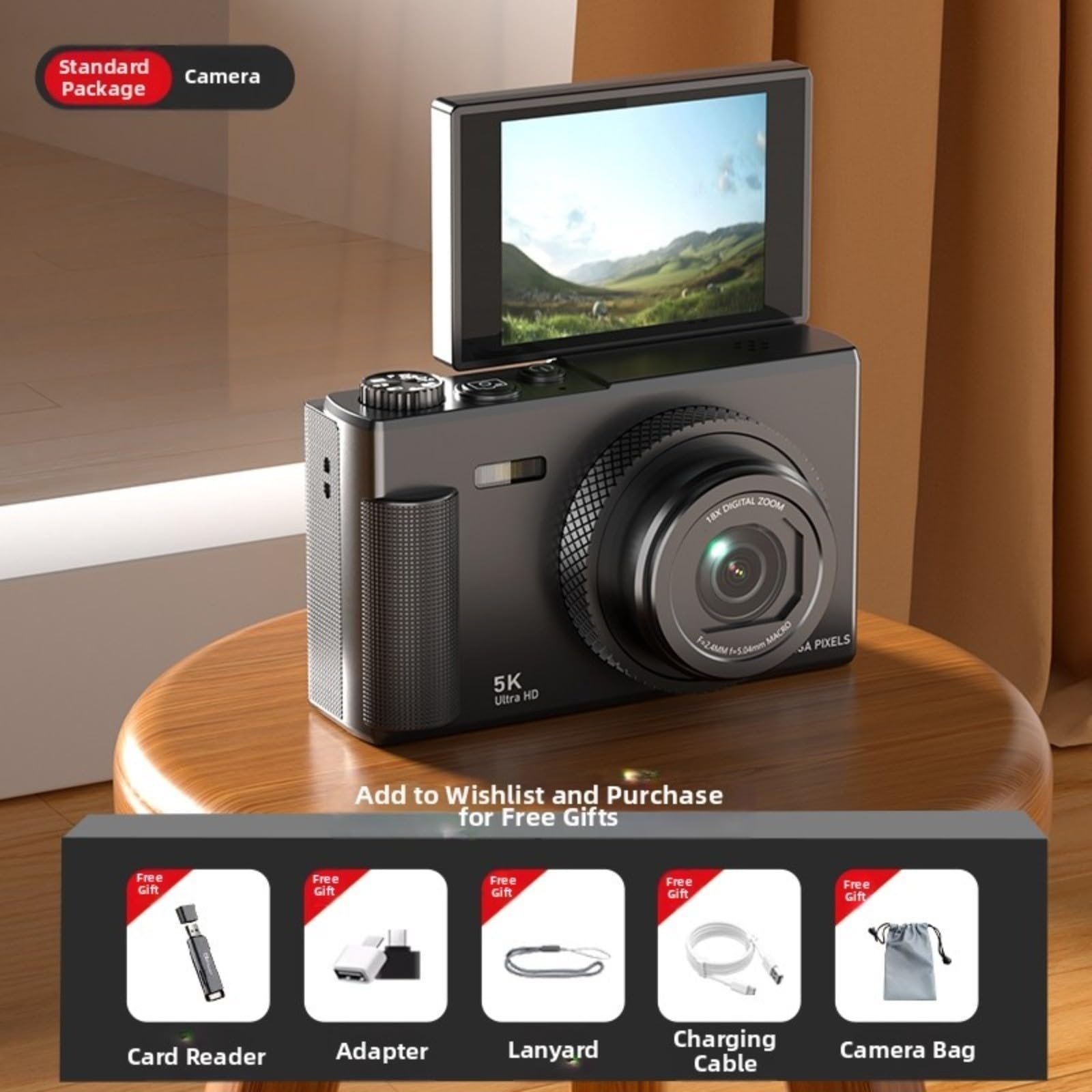 Fotocamera Vlog 5K con schermo flip a 180°, foto da 75 MP, zoom digitale 18x e anti-vibrazione, per la creazione di contenuti da viaggio, per studenti, colore bianco (nero)