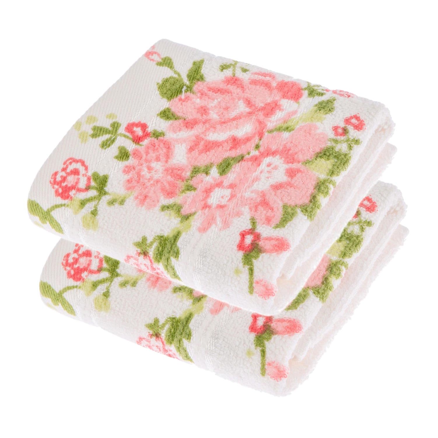 HOMESCAPES Pack of 2 100% Portuguese Cotton Cream Face Cloths Flannel Pink, Coral and Green Floral Pattern โ image 1