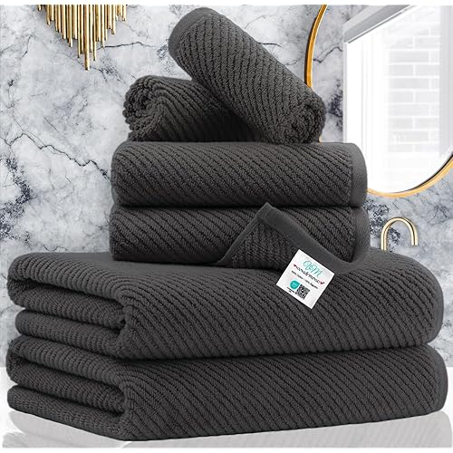 VOOVA & MOVAS Gray Towels - 100% Cotton | Lightweight | Quick Dry | Thick | Soft, Towel Set of 6, 2 Large Bath 30" x 56", 2 Hand 18" x 28", 2 Washcloths 13" x 13", Towel Gift Set, Dark Grey