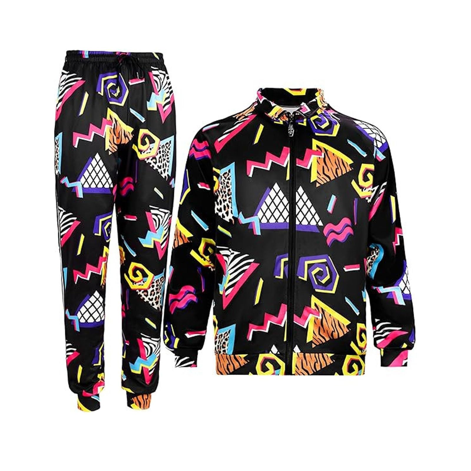 Tenue disco des années 80 pour homme - 2 pièces - Survêtement hip hop - Fermeture éclair intégrale - Veste de transition et pantalon - Tenue rave - Pour fête discothèque, fête à thème